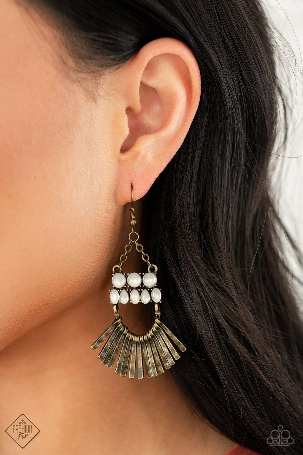A FLARE For Fierceness Brass and White Opal Earrings - Paparazzi Accessories- model - CarasShop.com - $5 Jewelry by Cara Jewels