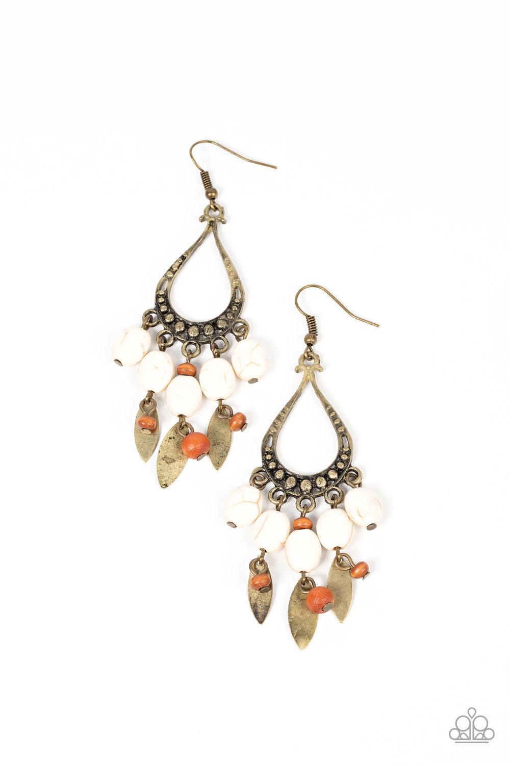 Adobe Air Brass & White Stone Earrings - Paparazzi Accessories- lightbox - CarasShop.com - $5 Jewelry by Cara Jewels