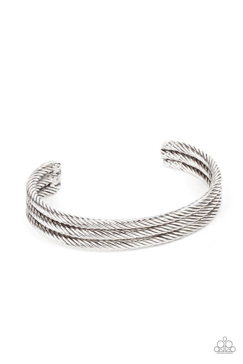Armored Cable Men&#39;s Silver Cuff Bracelet - Paparazzi Accessories- lightbox - CarasShop.com - $5 Jewelry by Cara Jewels