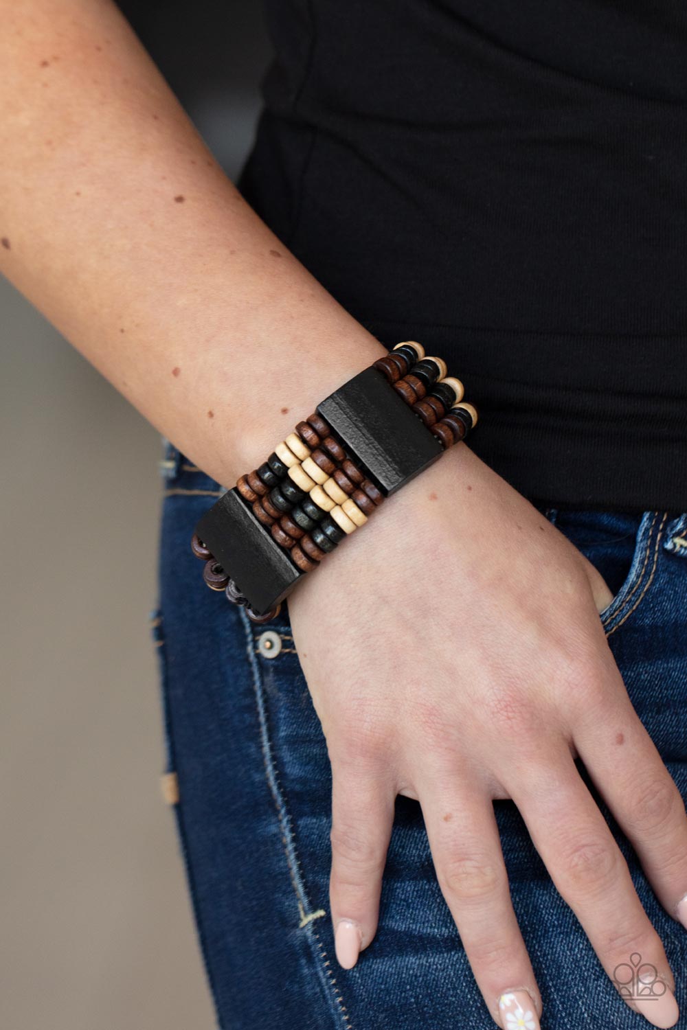 Aruba Attire Black &amp; Brown Wood Bracelet - Paparazzi Accessories-on model - CarasShop.com - $5 Jewelry by Cara Jewels
