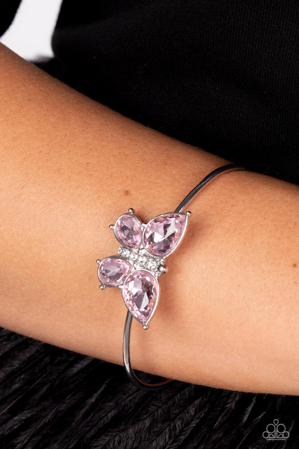 Butterfly Beatitude Pink Rhinestone Butterfly Cuff Bracelet - Paparazzi Accessories-on model - CarasShop.com - $5 Jewelry by Cara Jewels