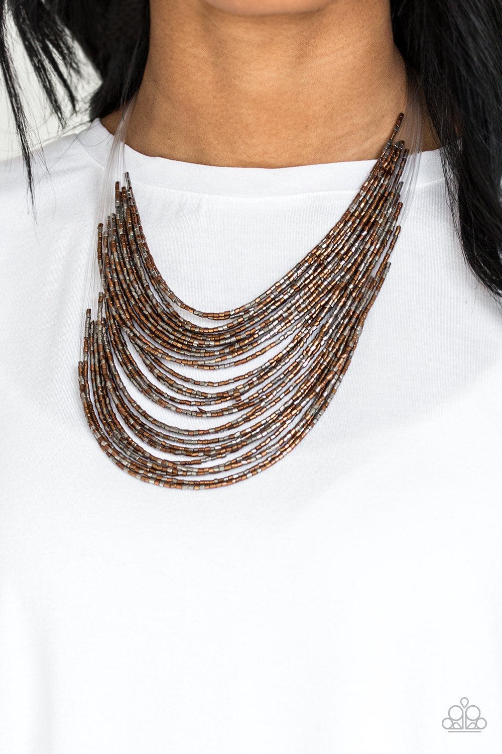 Catwalk Queen Multi Copper &amp; Gunmetal Seed Bead Necklace - Paparazzi Accessories- on model - CarasShop.com - $5 Jewelry by Cara Jewels