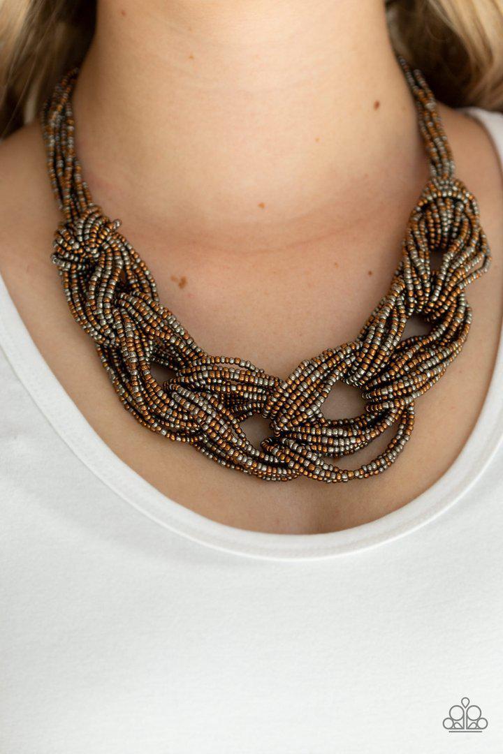 City Catwalk Copper and Gunmetal Seed Bead Necklace - Paparazzi Accessories- model - CarasShop.com - $5 Jewelry by Cara Jewels