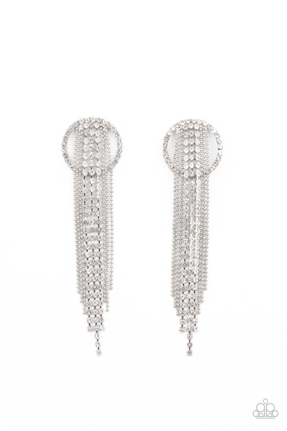 Dazzle By Default White Rhinestone Chain Post Earrings - Paparazzi Accessories LOTP Exclusive January 2021 - lightbox -CarasShop.com - $5 Jewelry by Cara Jewels