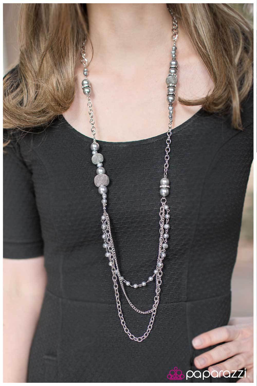 Enmeshed in Elegance Long Silver Necklace and matching Earrings - Paparazzi Accessories - model -CarasShop.com - $5 Jewelry by Cara Jewels