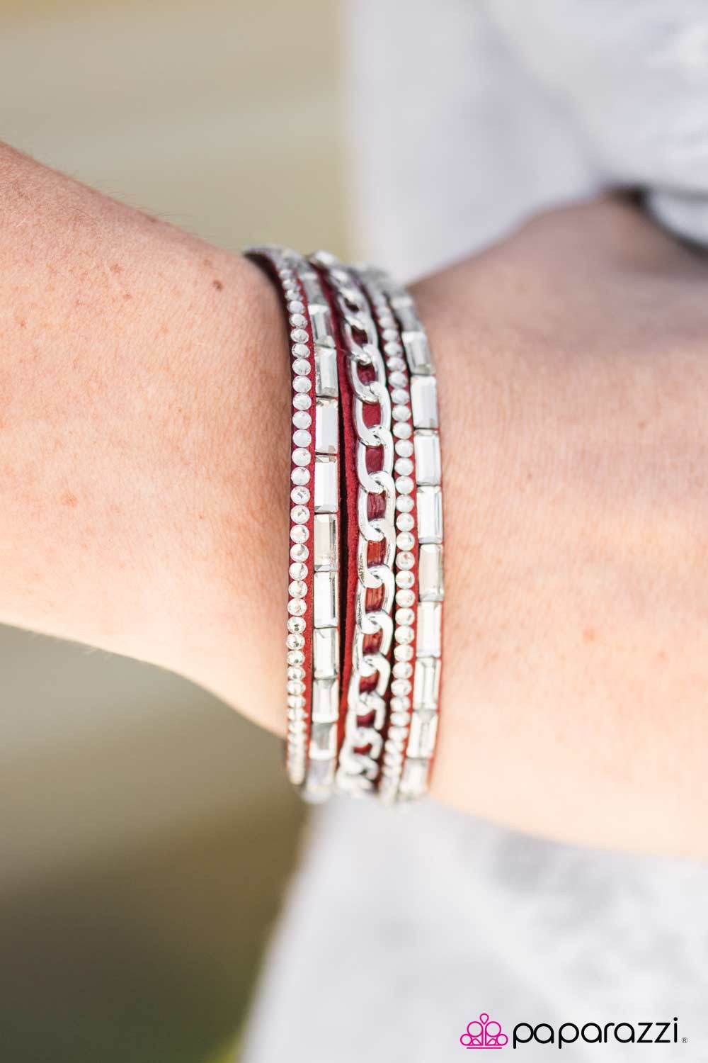 Front Row Fabulous Red and Silver Wrap Snap Bracelet - Paparazzi Accessories-CarasShop.com - $5 Jewelry by Cara Jewels
