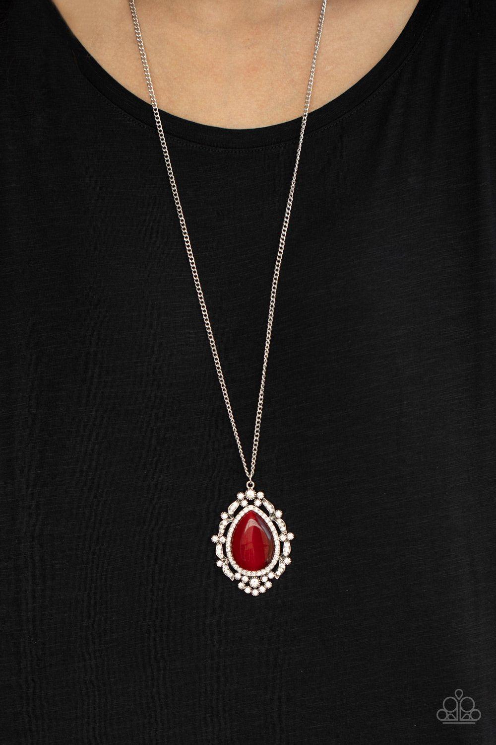 Frozen Gardens Red Cat's Eye and White Rhinestone Necklace - Paparazzi Accessories-CarasShop.com - $5 Jewelry by Cara Jewels