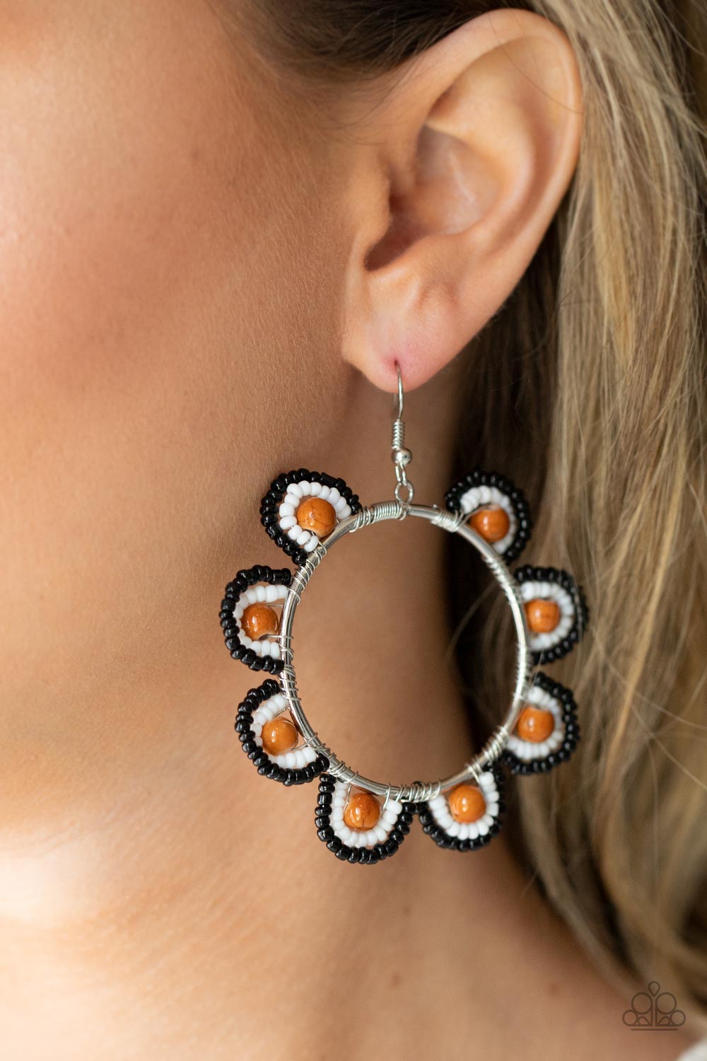 Groovy Gardens Brown Seed Bead Flower Earrings - Paparazzi Accessories-on model - CarasShop.com - $5 Jewelry by Cara Jewels