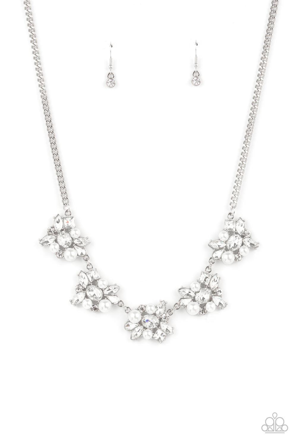 HEIRESS of Them All White Pearl and Rhinestone Necklace - Paparazzi Accessories 2021 EMP Exclusive - lightbox -CarasShop.com - $5 Jewelry by Cara Jewels