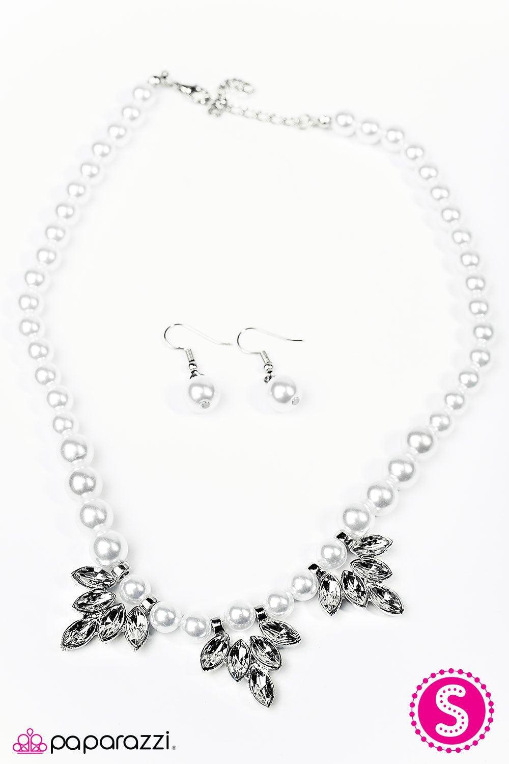 Ice Crystals White Pearl Necklace and matching Earrings - Paparazzi Accessories-CarasShop.com - $5 Jewelry by Cara Jewels