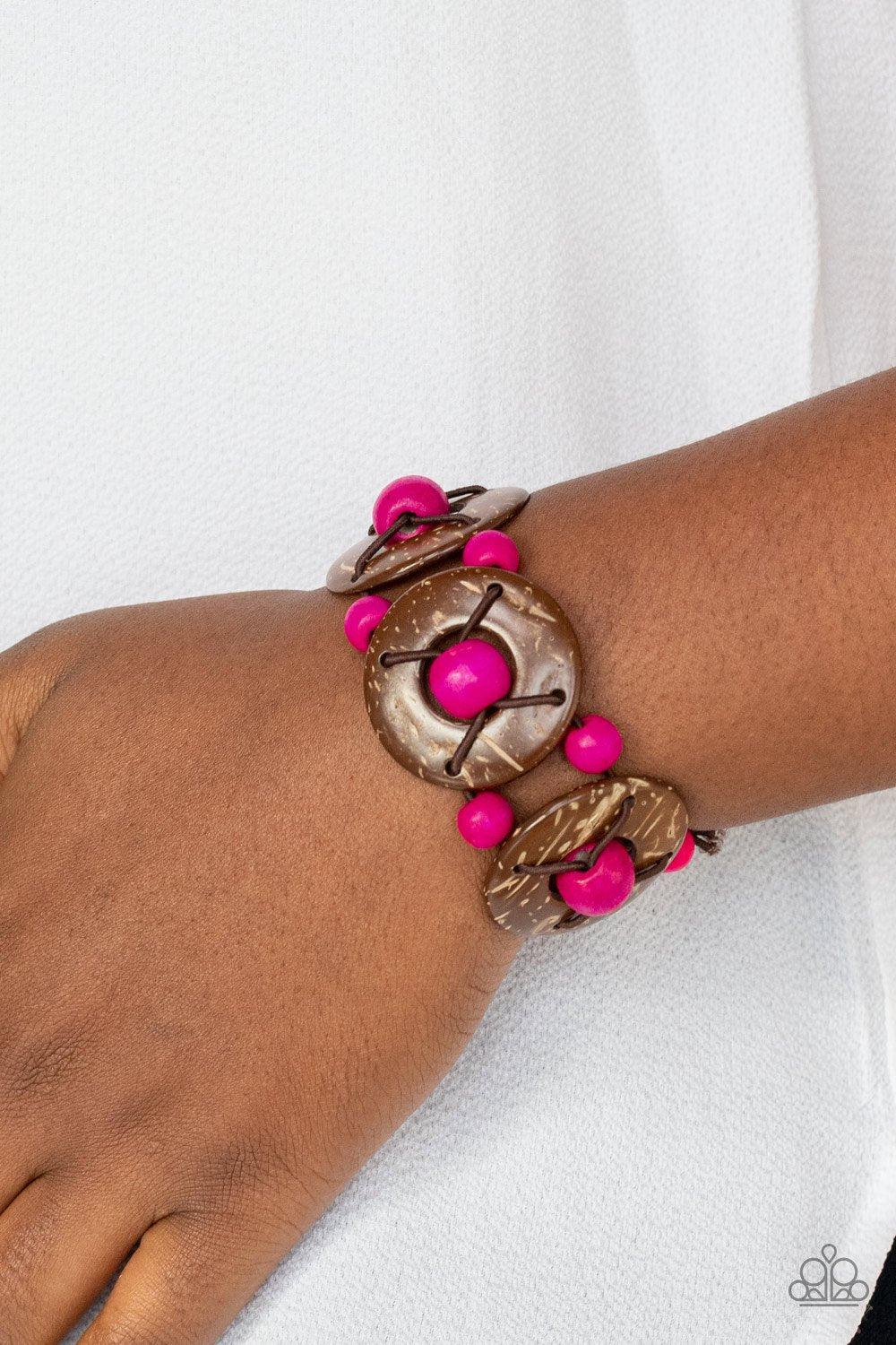 Island Adventure Pink and Brown Wood Bracelet - Paparazzi Accessories- model - CarasShop.com - $5 Jewelry by Cara Jewels