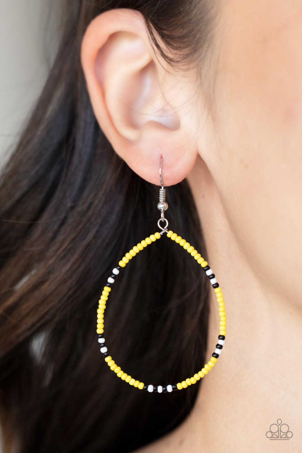 Keep Up The Good BEADWORK Yellow Seed bead Earrings - Paparazzi Accessories-on model - CarasShop.com - $5 Jewelry by Cara Jewels