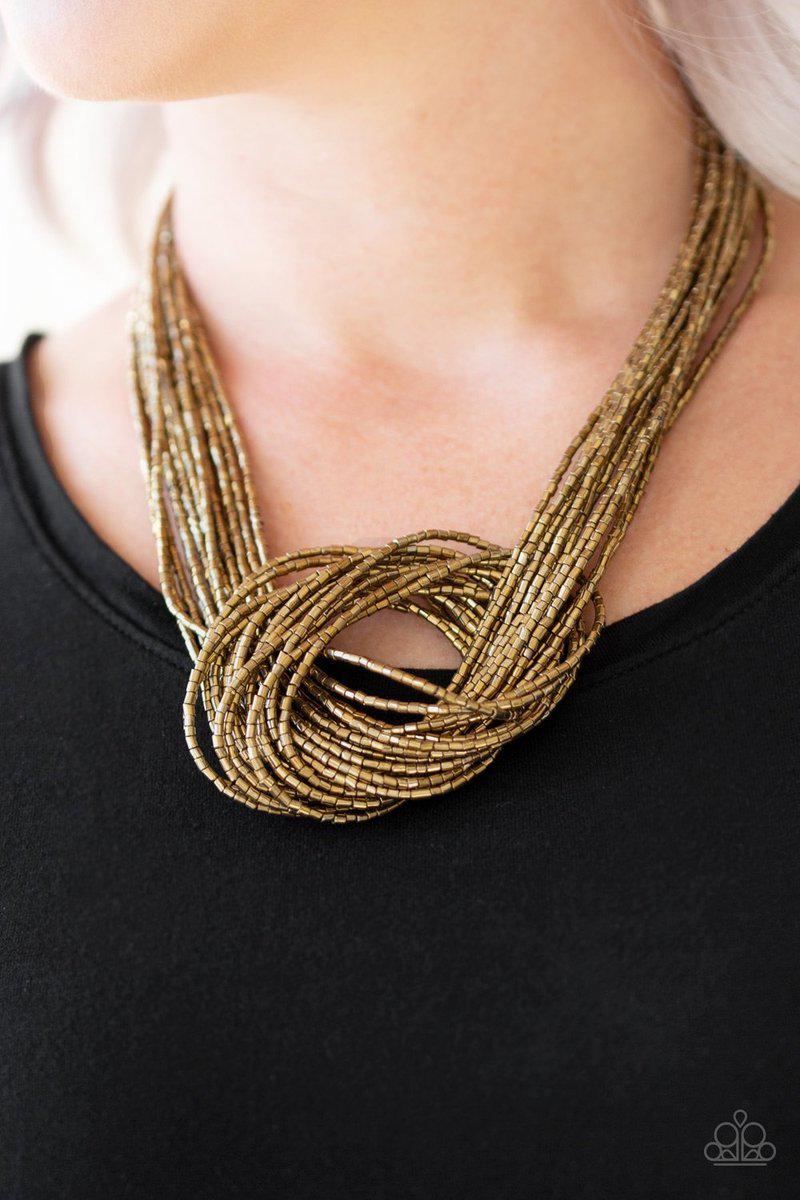Knotted Knockout Brass Seed Bead Necklace - Paparazzi Accessories - model -CarasShop.com - $5 Jewelry by Cara Jewels