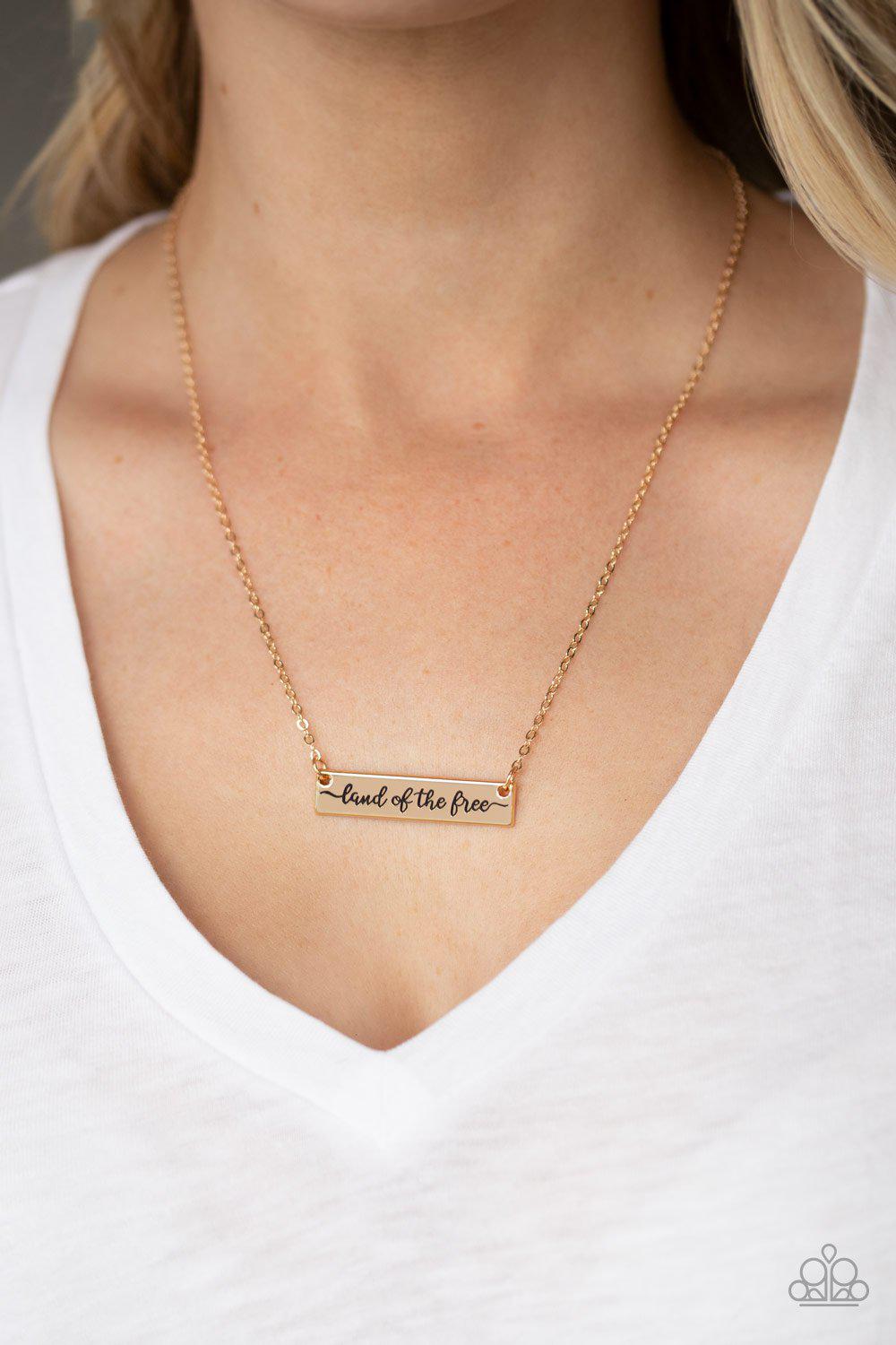 Land Of The Free Gold Inspirational Necklace - Paparazzi Accessories-CarasShop.com - $5 Jewelry by Cara Jewels