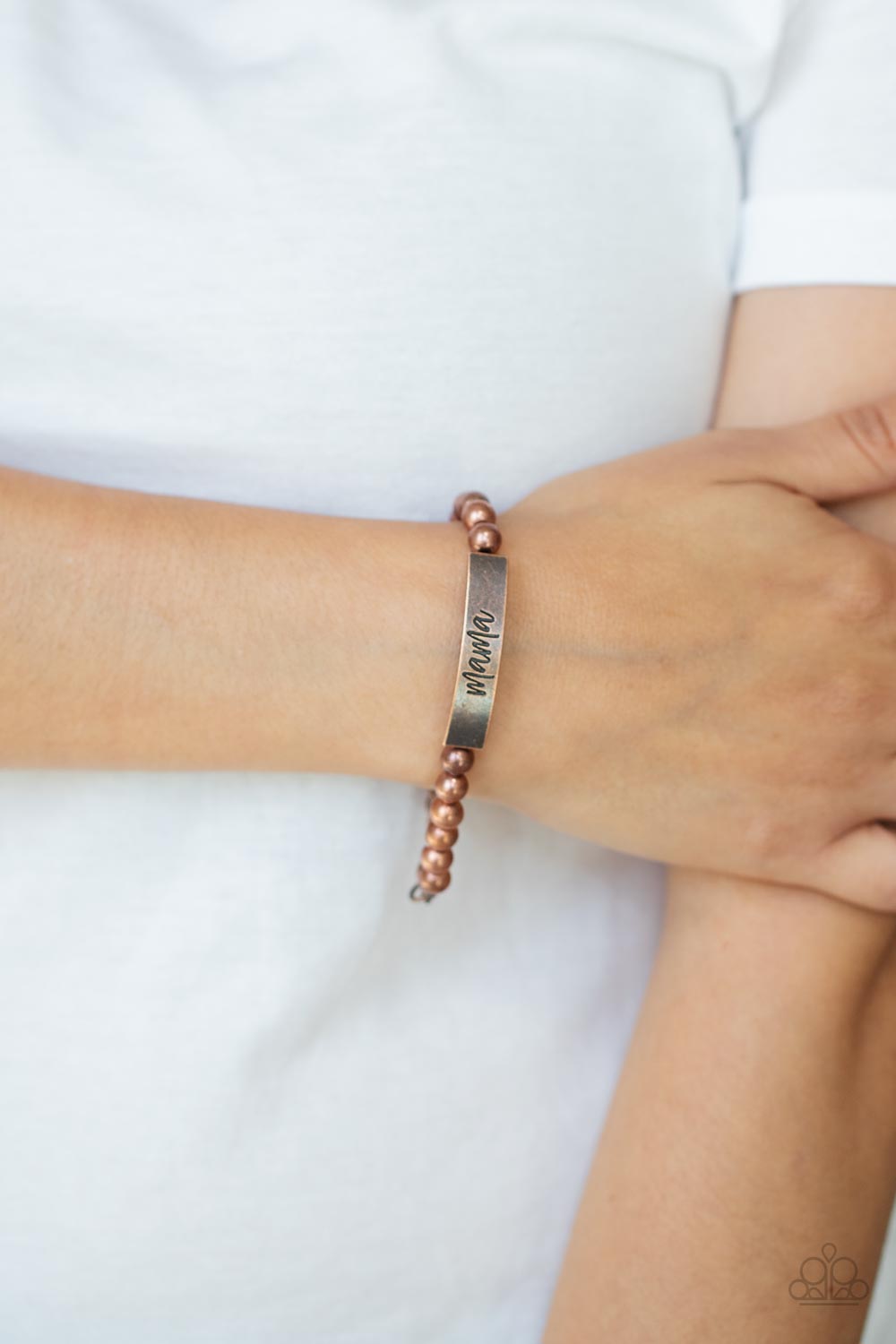 Mom Squad Copper Inspirational Bracelet - Paparazzi Accessories-on model - CarasShop.com - $5 Jewelry by Cara Jewels