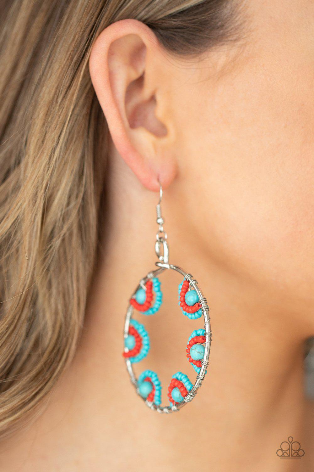 Off The Rim Turquoise Blue and Red Seed Bead and Stone Earrings - Paparazzi Accessories- model - CarasShop.com - $5 Jewelry by Cara Jewels