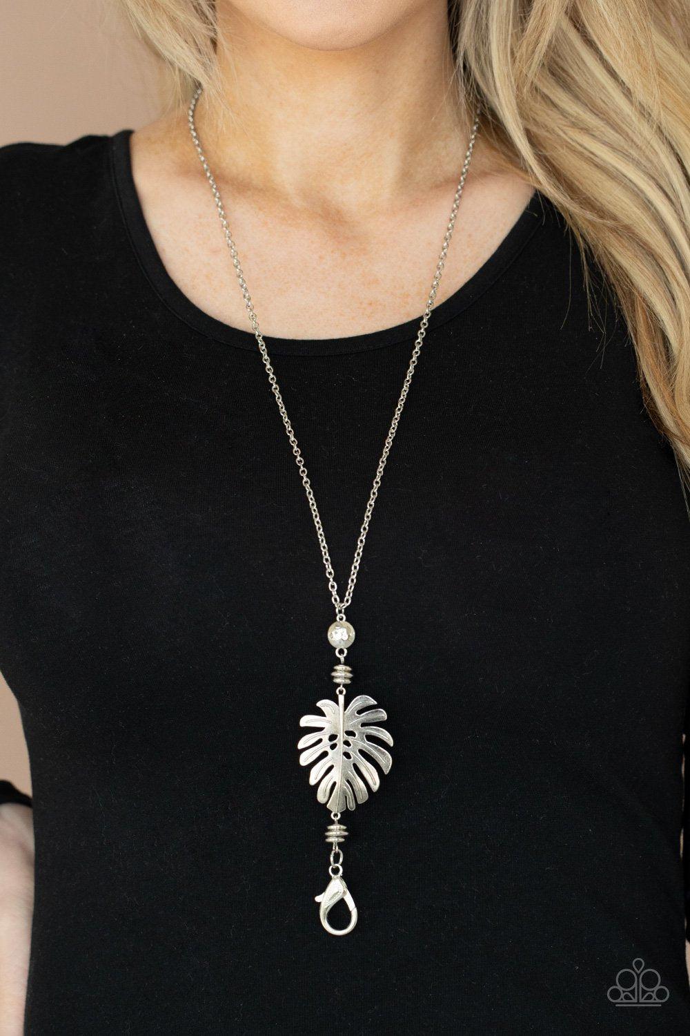 Palm Promenade Silver Palm Leaf Lanyard Necklace - Paparazzi Accessories- lightbox - CarasShop.com - $5 Jewelry by Cara Jewels