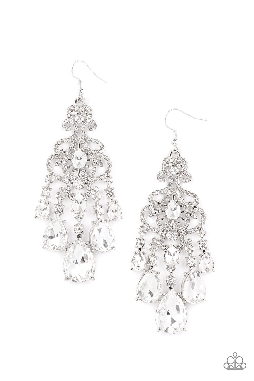 Queen Of All Things Sparkly White Rhinestone Chandelier Earrings - Paparazzi Accessories 2021 EMP Exclusive - lightbox -CarasShop.com - $5 Jewelry by Cara Jewels