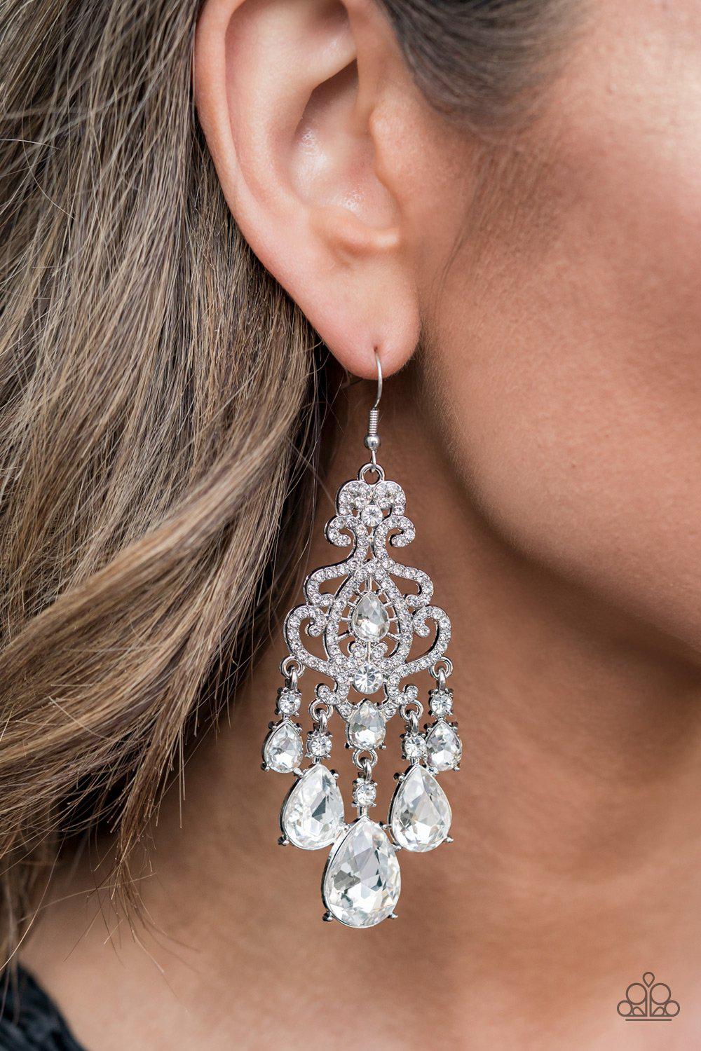 Queen Of All Things Sparkly White Rhinestone Chandelier Earrings - Paparazzi Accessories 2021 EMP Exclusive - lightbox -CarasShop.com - $5 Jewelry by Cara Jewels