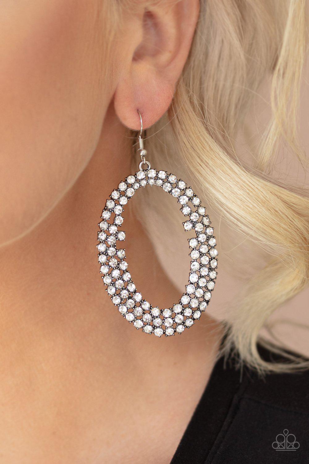 Radical Razzle White Rhinestone Earrings - Paparazzi Accessories LOTP Exclusive June 2020-CarasShop.com - $5 Jewelry by Cara Jewels