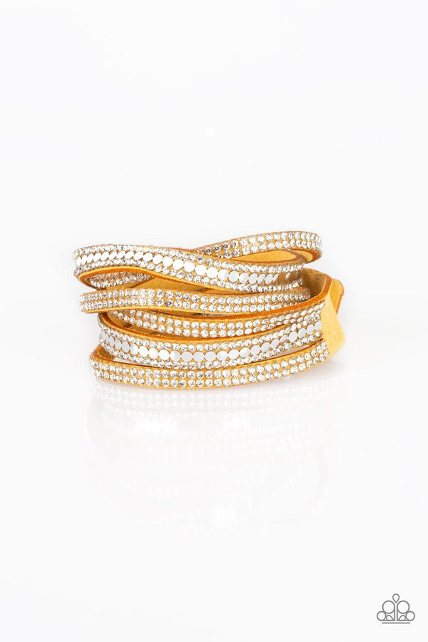 Rock Star Attitude Yellow & White Rhinestone Double-wrap Snap Bracelet -  Paparazzi Accessories