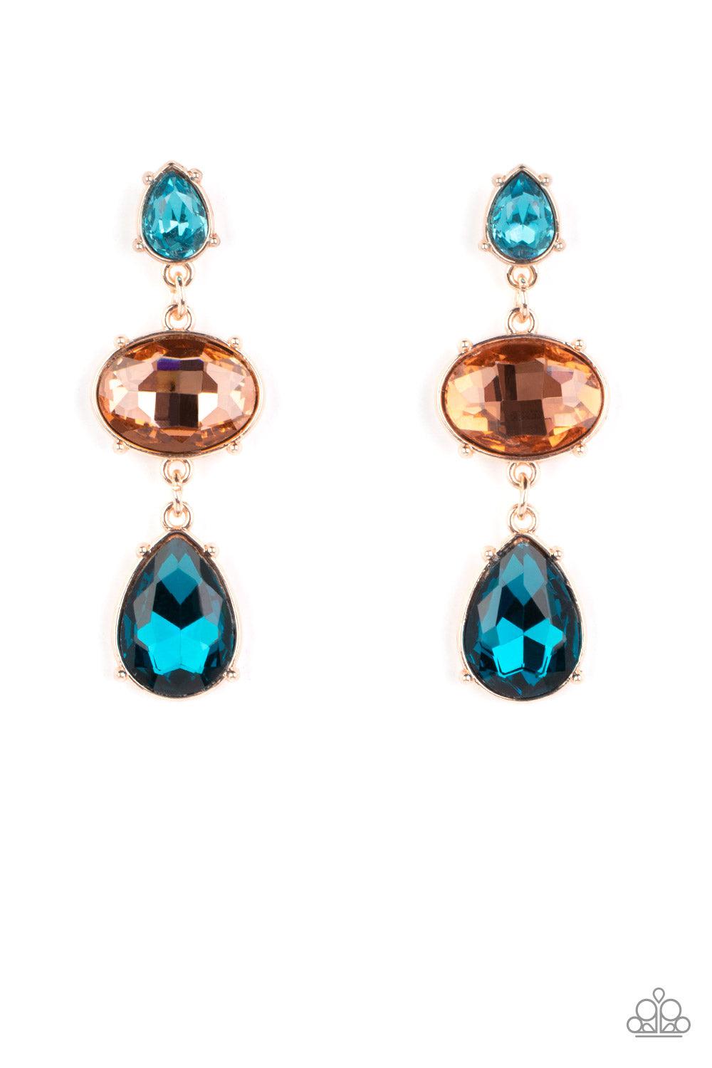 Royal Appeal Multi Blue & Peach Rhinestone Earrings - Paparazzi Accessories- lightbox - CarasShop.com - $5 Jewelry by Cara Jewels