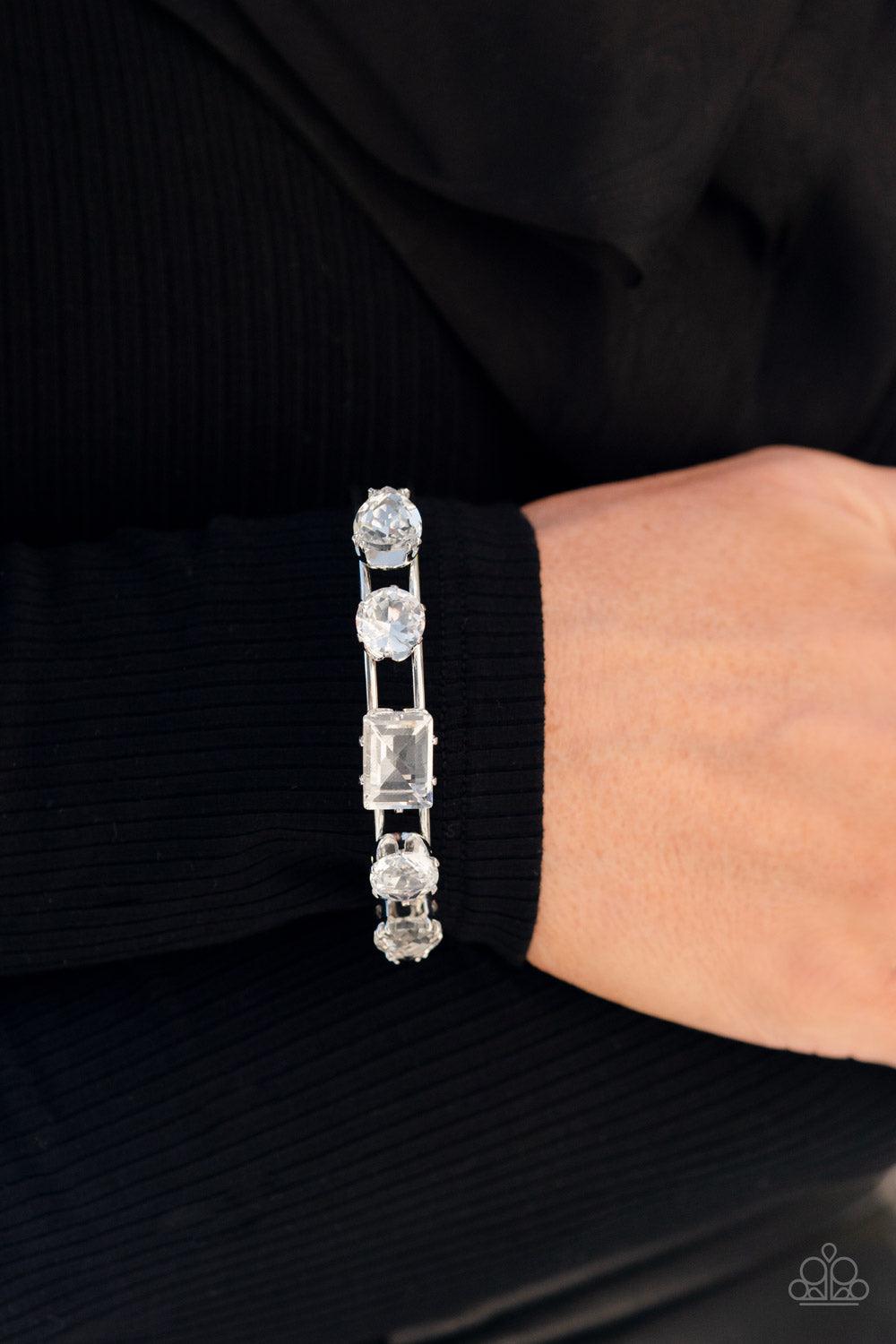 Uniquely Untapped White Rhinestone Cuff Bracelet - Paparazzi Accessories-on model - CarasShop.com - $5 Jewelry by Cara Jewels
