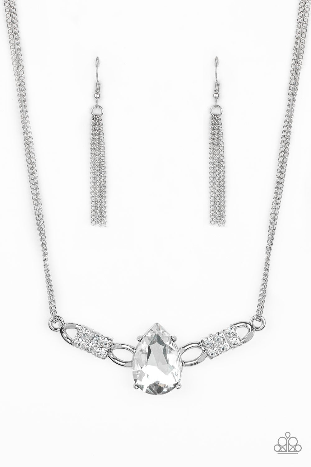 Way To Make An Entrance Silver and White Rhinestone Necklace - Paparazzi Accessories-CarasShop.com - $5 Jewelry by Cara Jewels