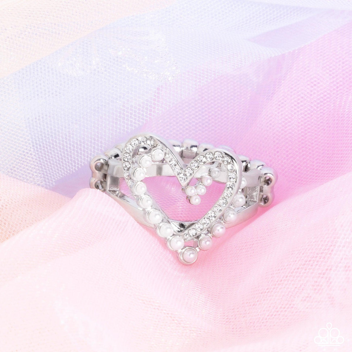 Just a Crush White Rhinestone &amp; Pearl Heart Ring - Paparazzi Accessories