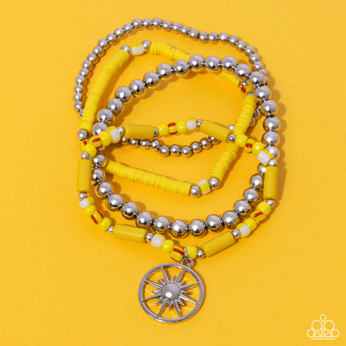 Nuanced Navigator Yellow &amp; Silver Sunburst Charm Bracelet Set - Paparazzi Accessories