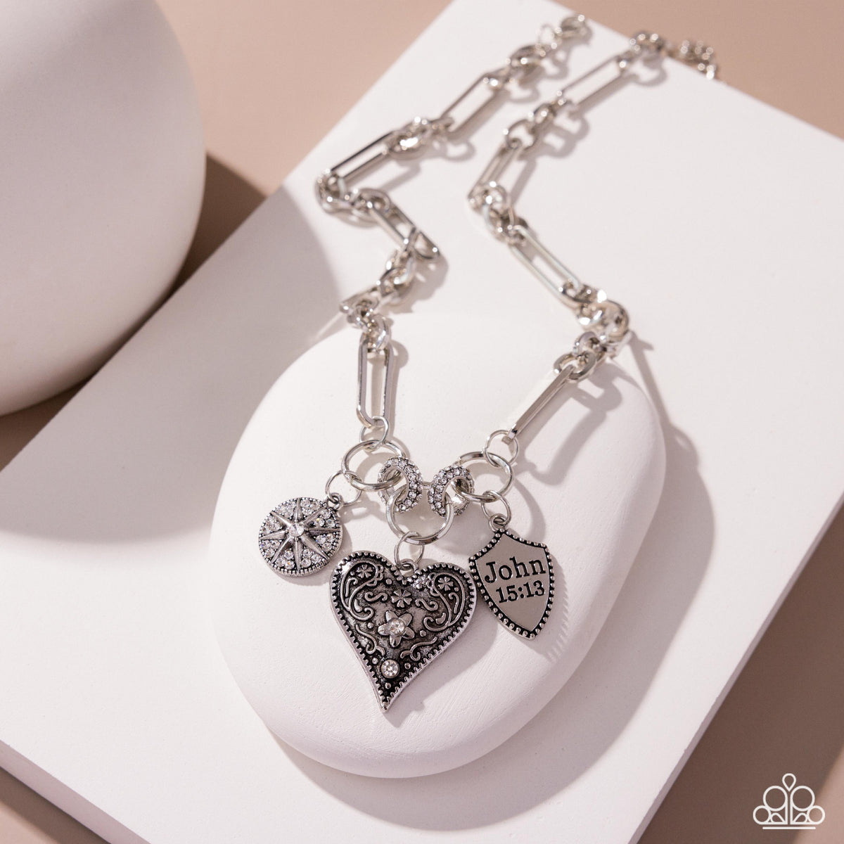 Greater Love White Rhinestone &amp; Silver Heart Necklace - Paparazzi Accessories