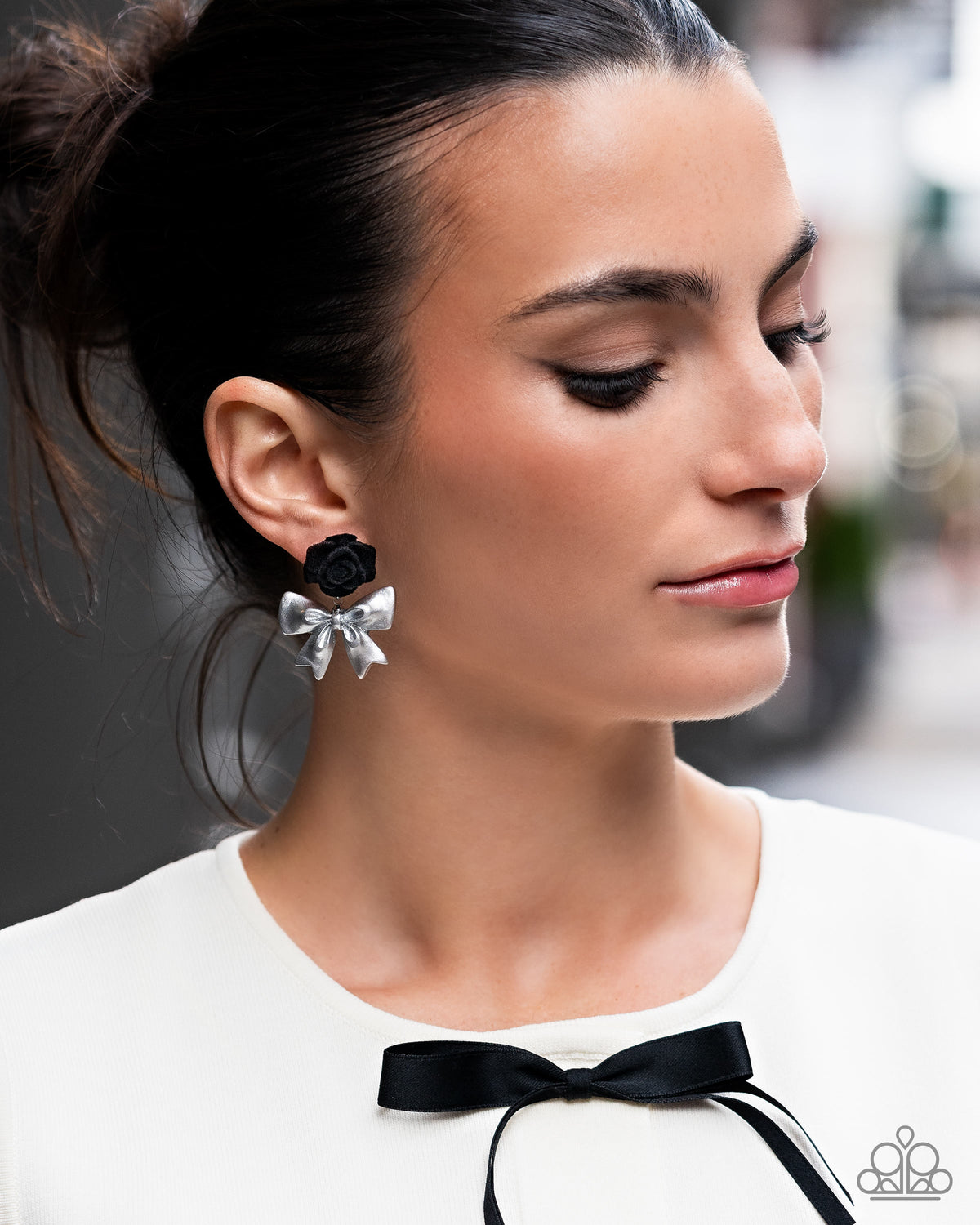 Rosette Rarity Black Rose &amp; White Bow Earrings - Paparazzi Accessories