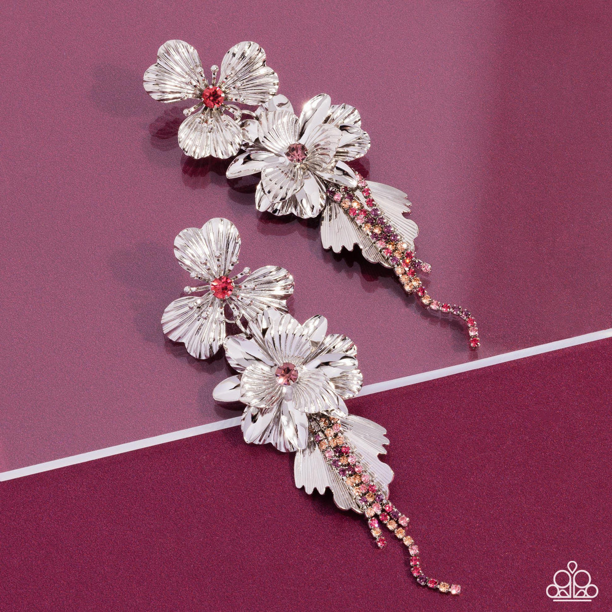 Classical Cadenza Multi Pink &amp; Silver Floral Post Earrings - Paparazzi Accessories