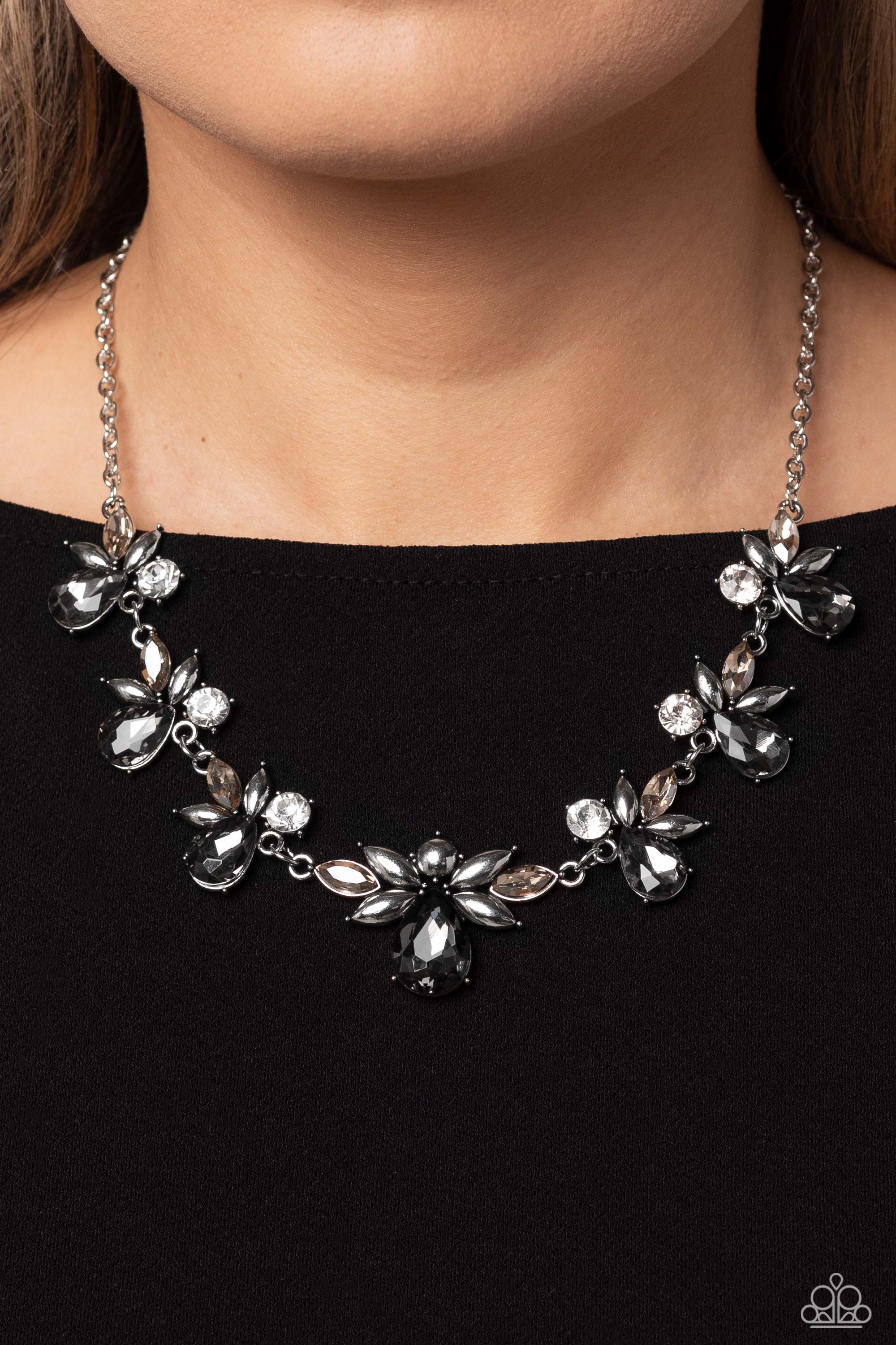 Explosive Effulgence Silver & White Rhinestone Necklace - Paparazzi Accessories- lightbox - CarasShop.com - $5 Jewelry by Cara Jewels