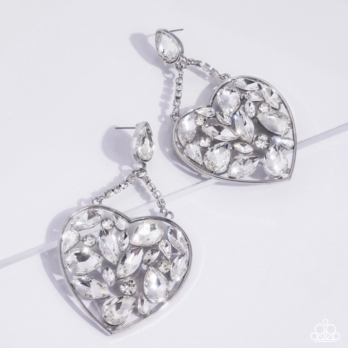 Glittery Gait White Rhinestone Heart Post Earrings - Paparazzi Accessories