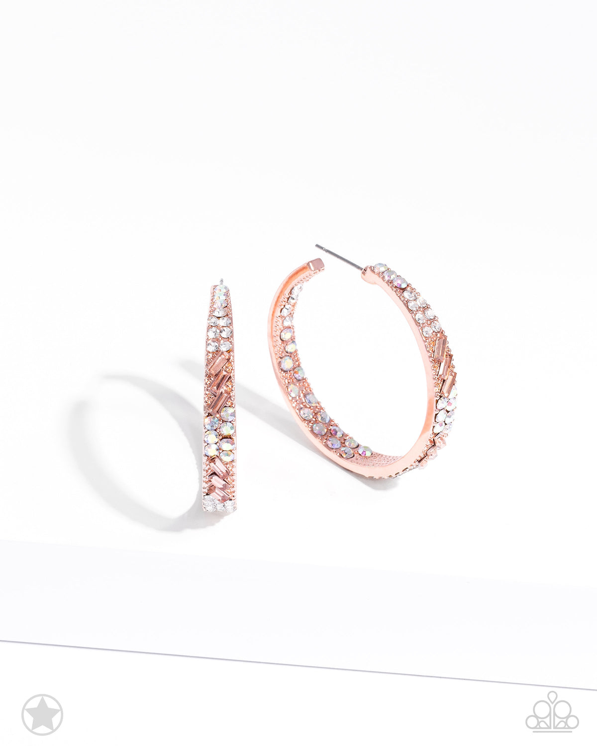 Glitzy by Association Copper &amp; White Rhinestone Hoop Earrings - Paparazzi Accessories - on bust - CarasShop.com - $5 Jewelry by Cara Jewels