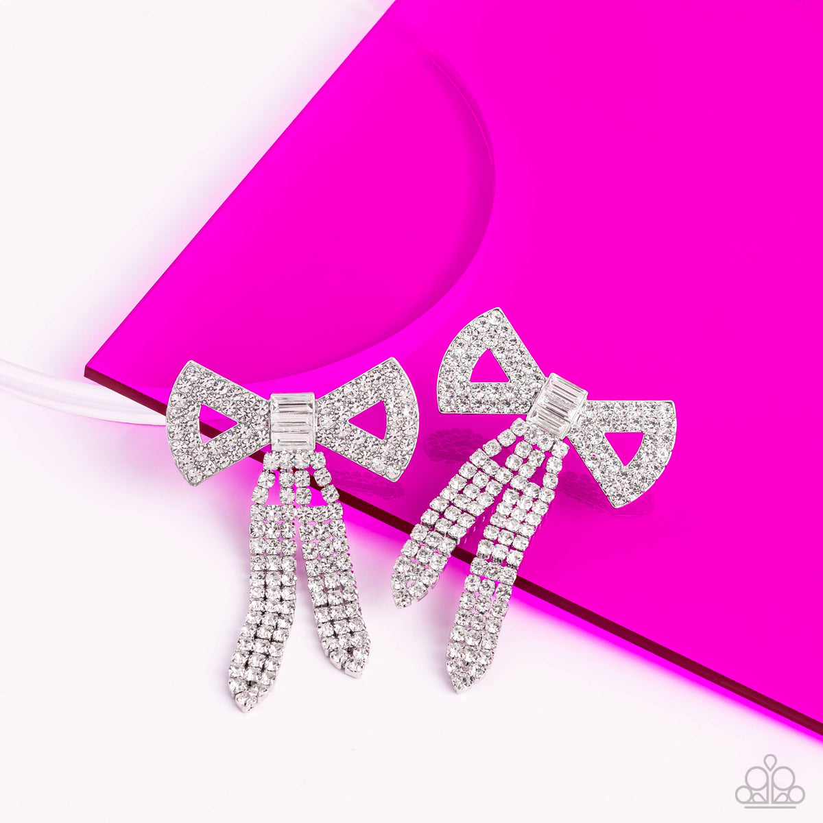 Just BOW With It White Rhinestone Earrings - Paparazzi Accessories