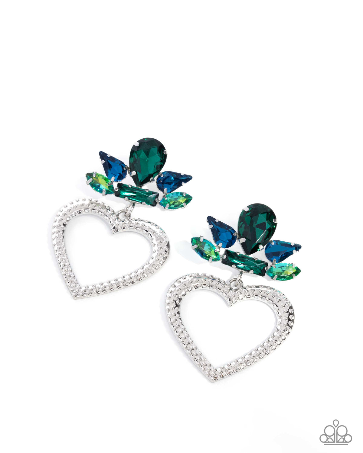 Pushing Perfection Multi Blue-Green Rhinestone &amp; Silver Heart Earrings - Paparazzi Accessories