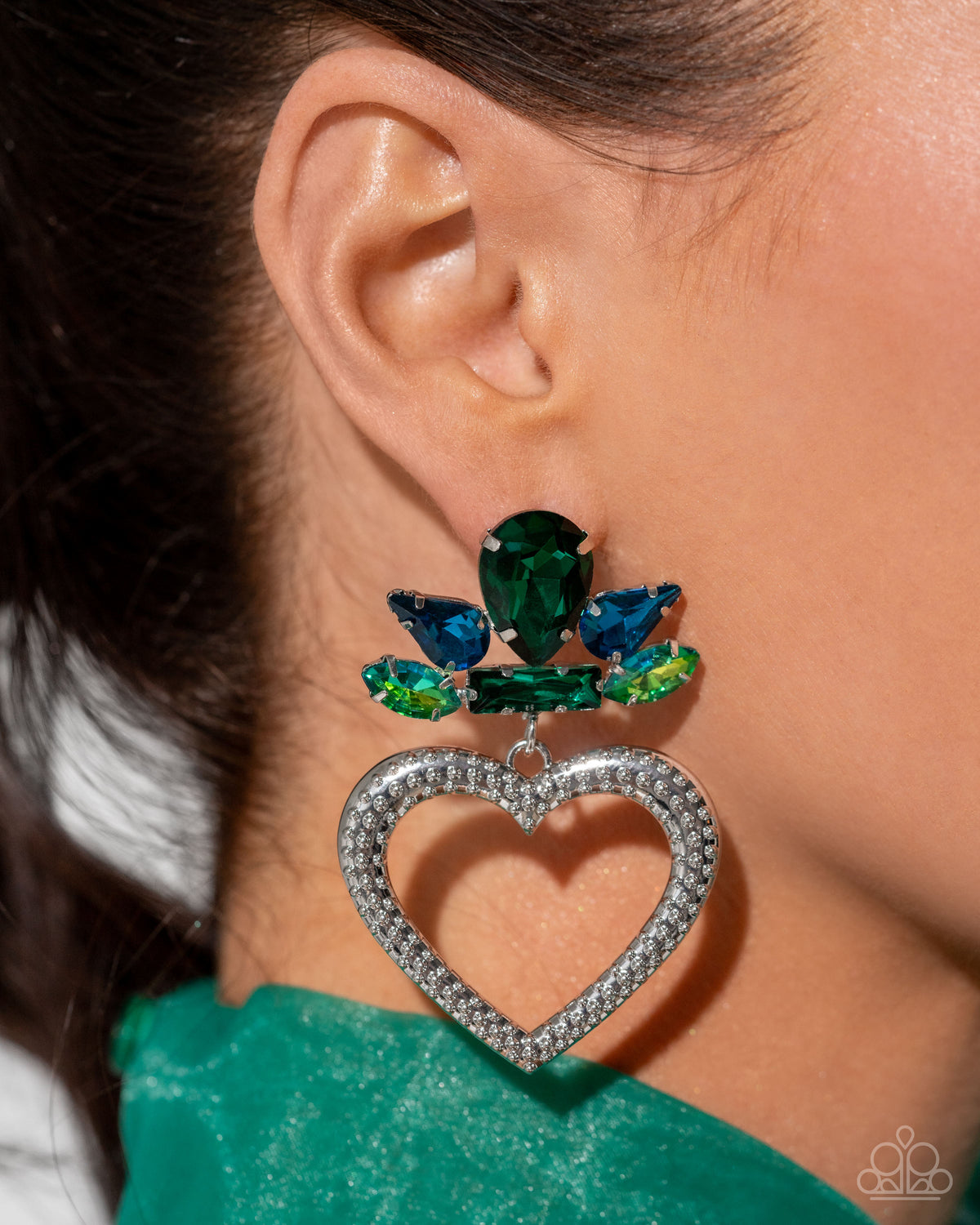 Pushing Perfection Multi Blue-Green Rhinestone &amp; Silver Heart Earrings - Paparazzi Accessories