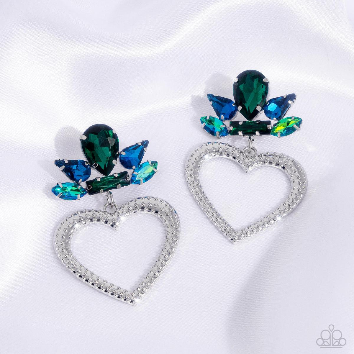 Pushing Perfection Multi Blue-Green Rhinestone &amp; Silver Heart Earrings - Paparazzi Accessories