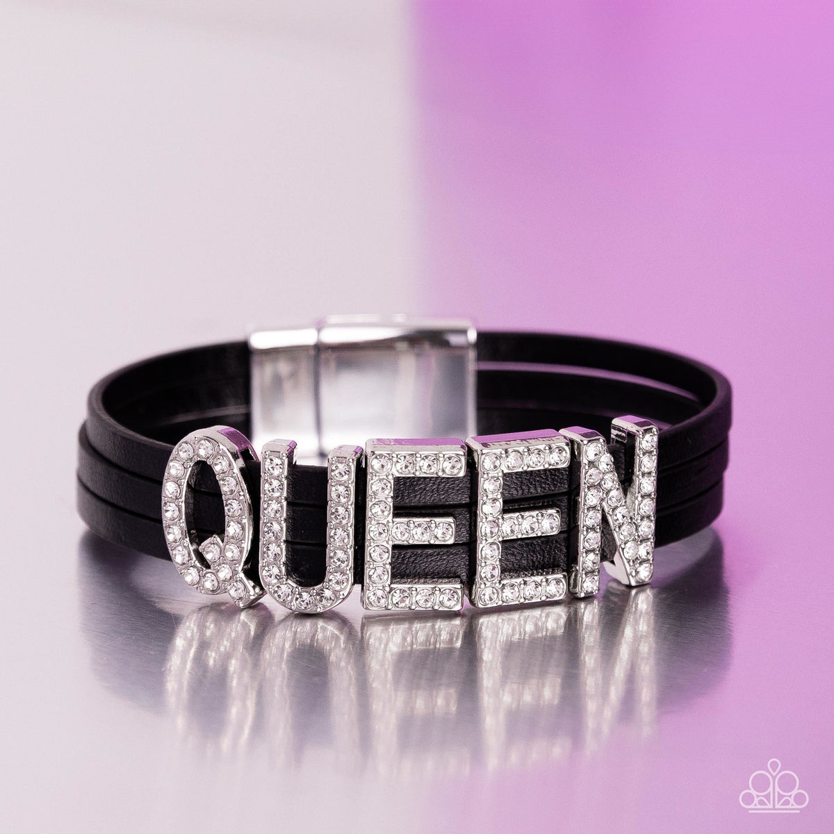 Queen of My Life Black Leather and White Rhinestone Inspirational Bracelet - Paparazzi Accessories
