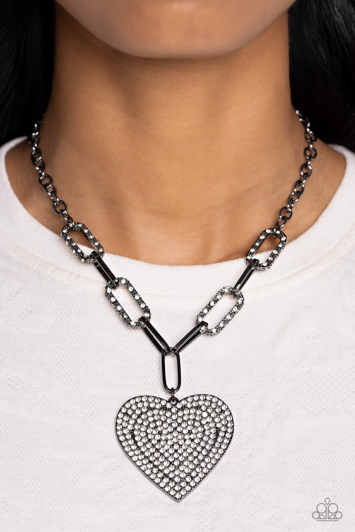 Roadside Romance Gunmetal Black &amp; White Rhinestone Heart Necklace - Paparazzi Accessories