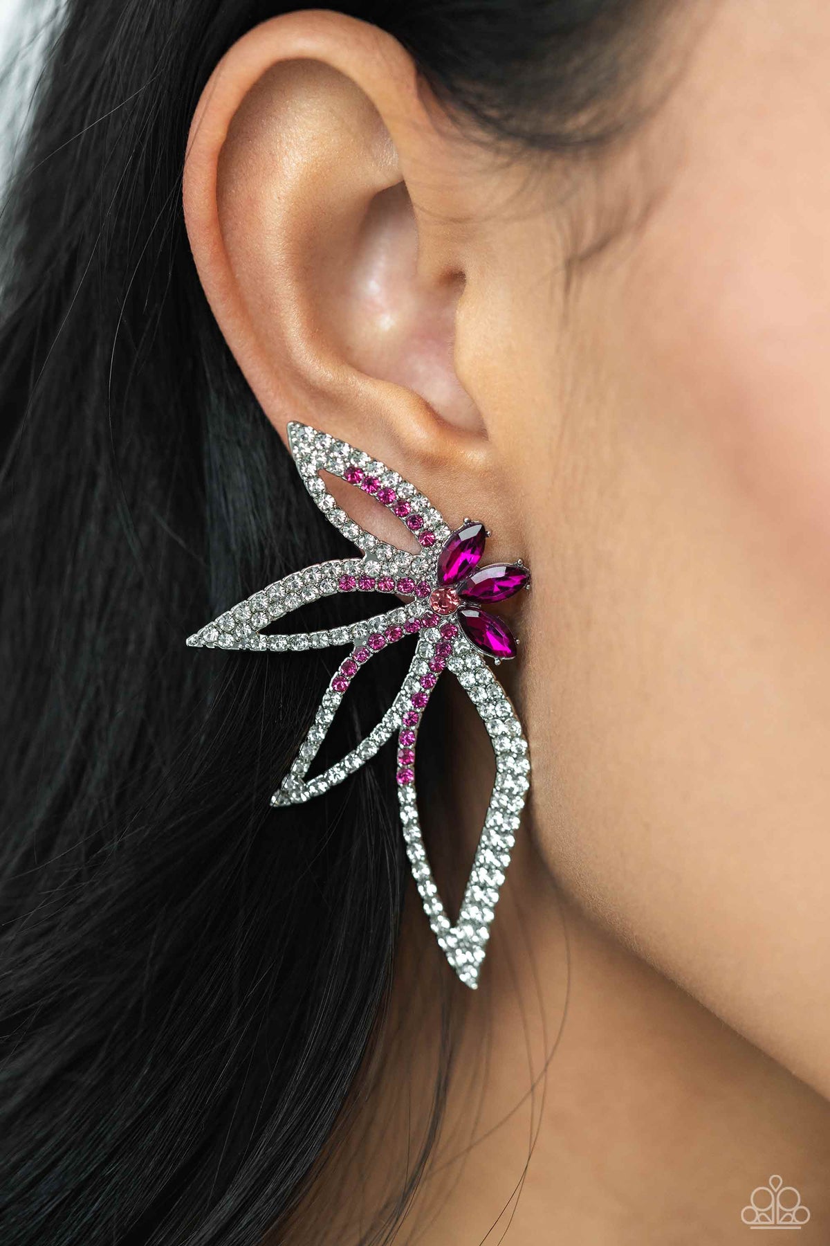 Twinkling Tulip Pink Rhinestone Floral Earrings - Paparazzi Accessories