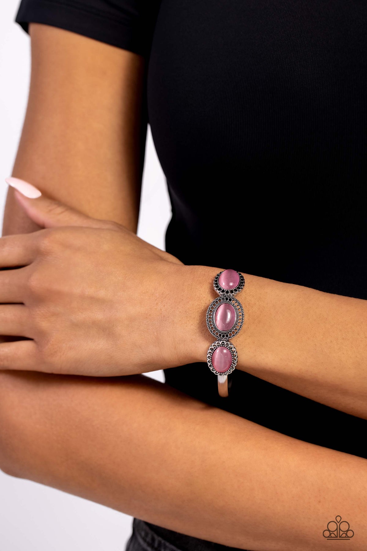 A DAYDREAM Come True Pink Cat&#39;s Eye Stone Bangle Bracelet - Paparazzi Accessories-on model - CarasShop.com - $5 Jewelry by Cara Jewels