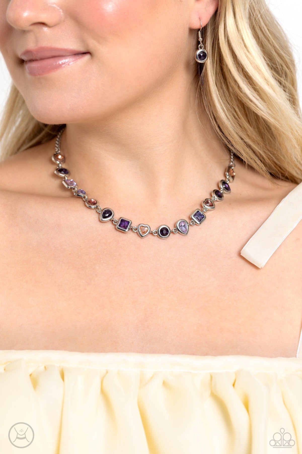 Abstract Admirer Purple Rhinestone Choker Necklace - Paparazzi Accessories-on model - CarasShop.com - $5 Jewelry by Cara Jewels