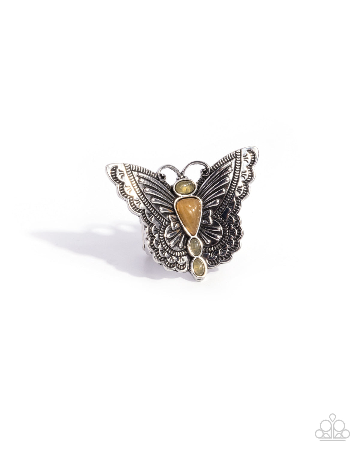 Adolescent Aerial Orange Stone &amp; Silver Butterfly Ring - Paparazzi Accessories- lightbox - CarasShop.com - $5 Jewelry by Cara Jewels