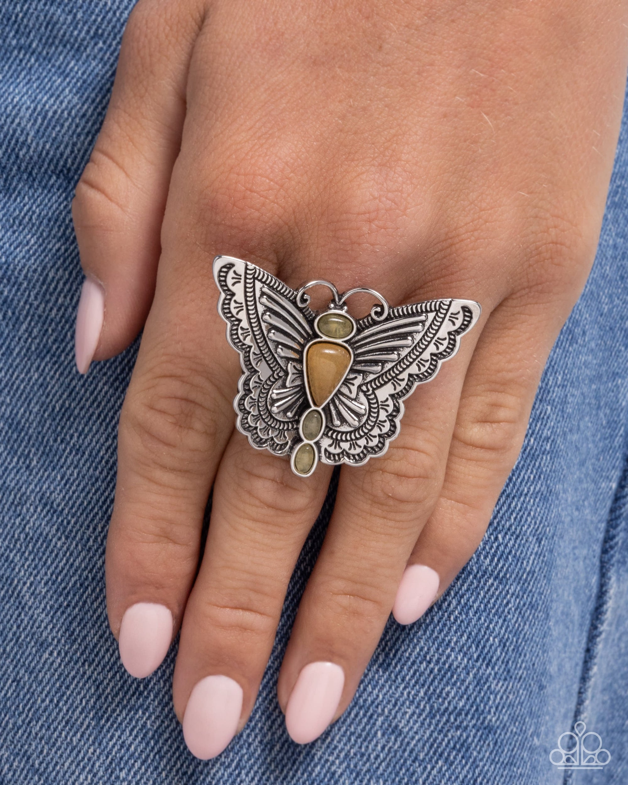 Adolescent Aerial Orange Stone & Silver Butterfly Ring - Paparazzi Accessories- lightbox - CarasShop.com - $5 Jewelry by Cara Jewels