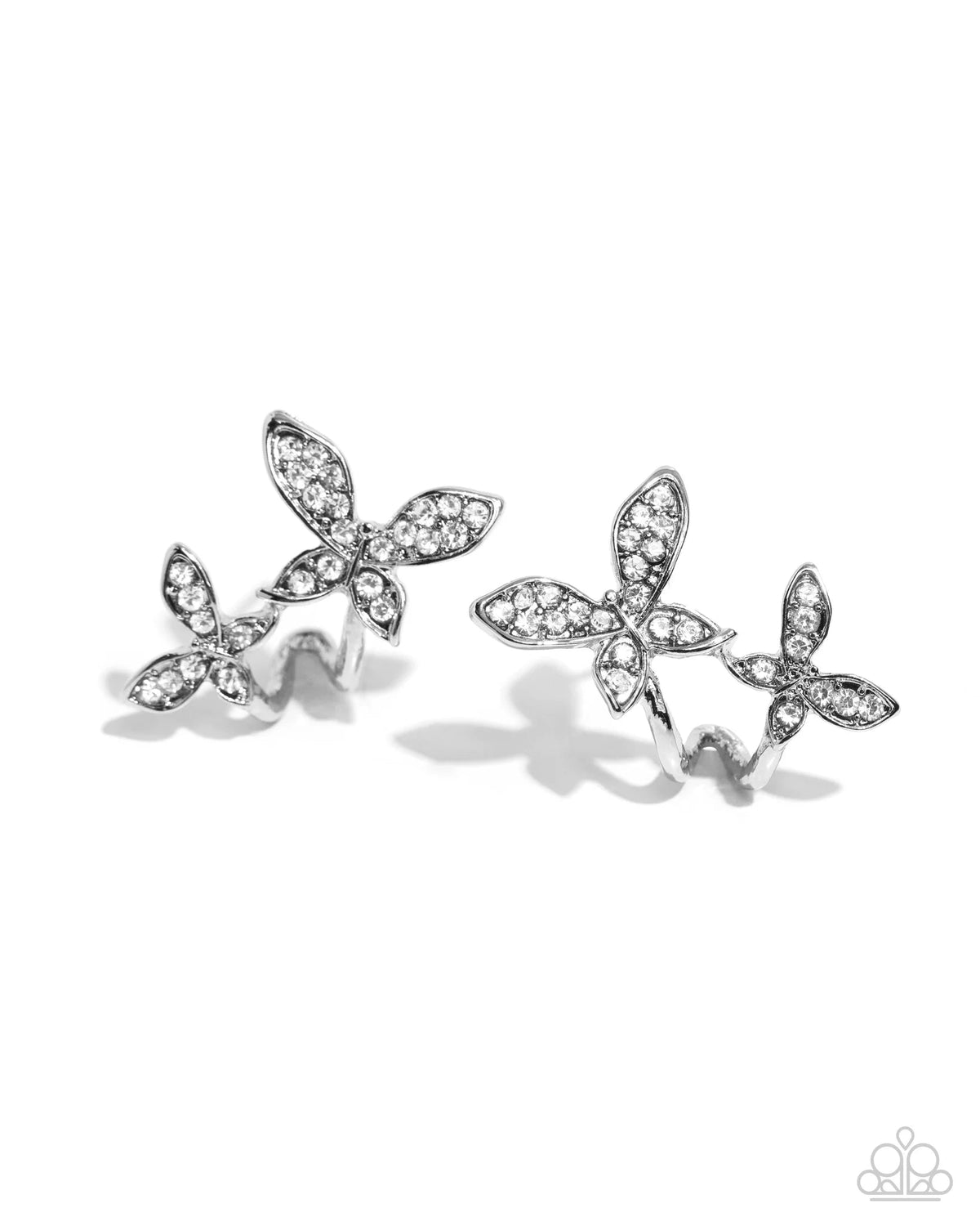 Adorably Aerial White Rhinestone Butterfly Hoop Earrings - Paparazzi Accessories- lightbox - CarasShop.com - $5 Jewelry by Cara Jewels