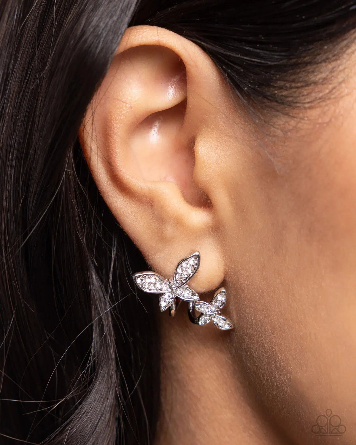 Adorably Aerial White Rhinestone Butterfly Hoop Earrings - Paparazzi Accessories-on model - CarasShop.com - $5 Jewelry by Cara Jewels