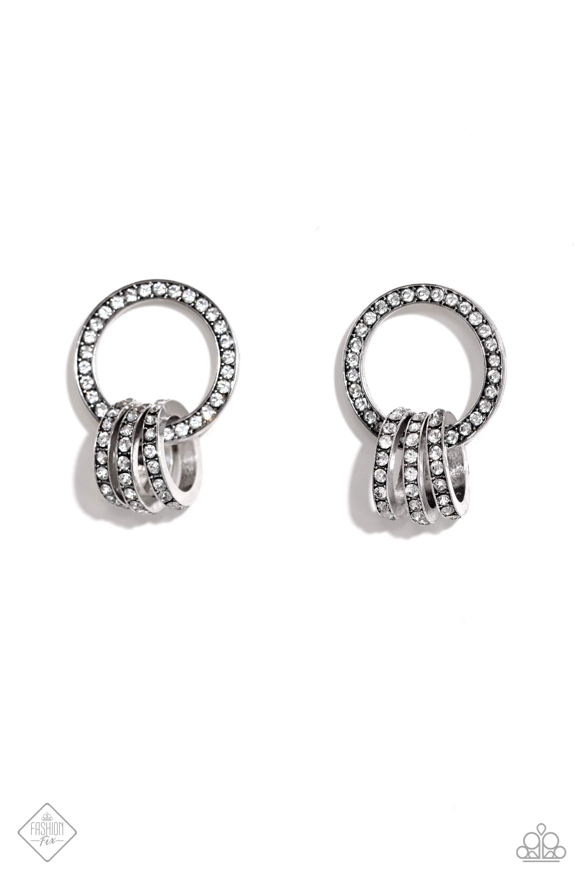 Adorned Allegiance White Rhinestone & Gunmetal Earrings - Paparazzi Accessories- lightbox - CarasShop.com - $5 Jewelry by Cara Jewels